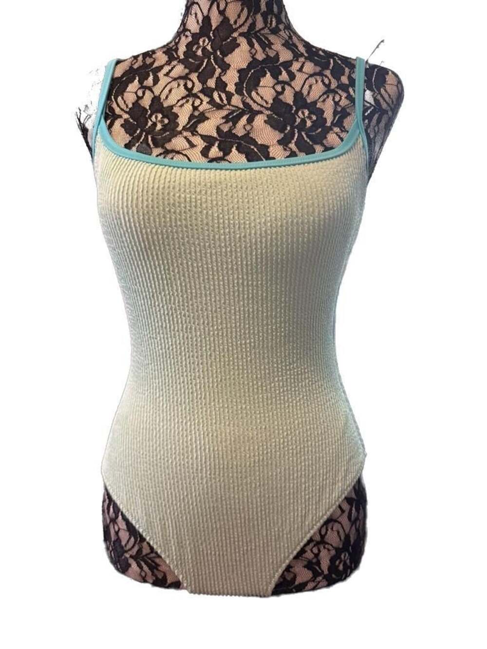 Linea Aqua Textured Crinkle One Piece Swimsuit Aqua Adjustable Straps Sample